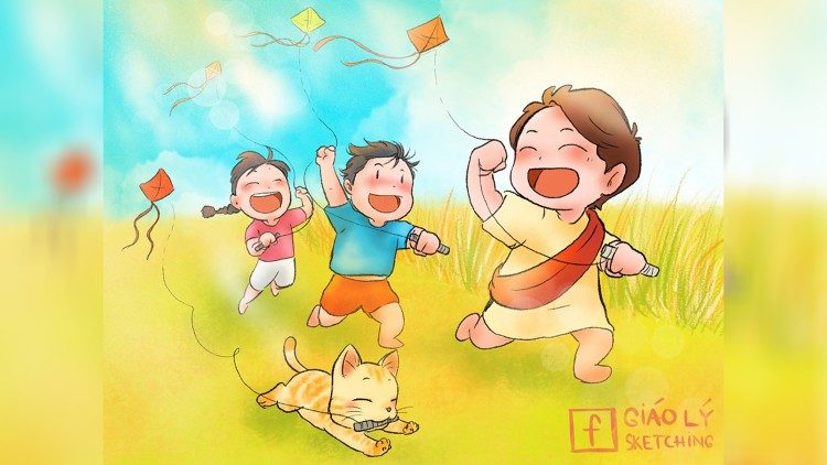 Chúa thả diều cùng em – một trong nhiều bức tranh vẽ minh họa gần gũi, dễ thương của GLS.