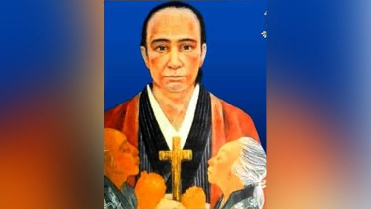 Don Giovanni Battista Sidoti, martire in Giappone. Vicini alla croce due giapponesi che ha battezzato, Chôsuke e Haru