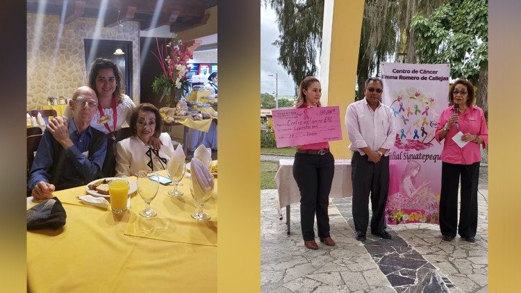 Lucy de Flecken en sus actividades como presidente de la filial del Centro de Cáncer Ema Romero en Honduras, y con su esposo Adolfo y una amiga