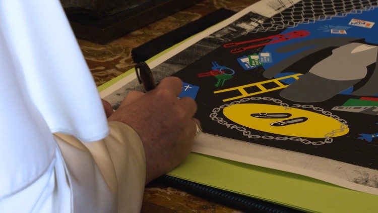 Pope Francis autographs the first image created by Stephen Powers