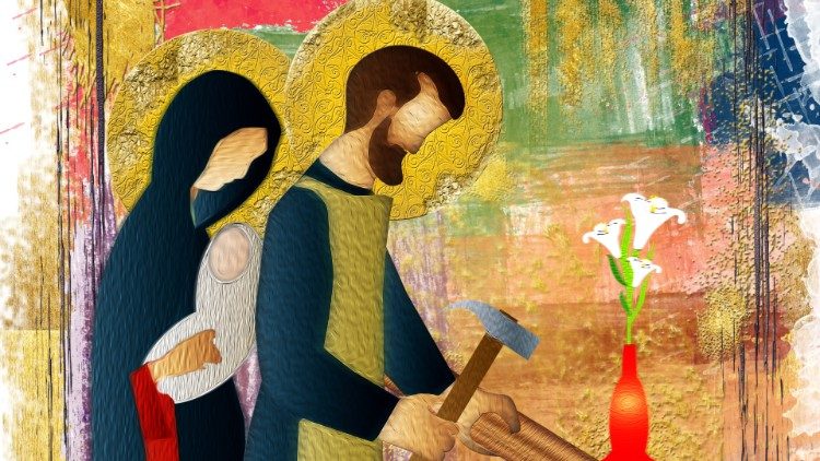 Modell einer Hauskirche: Die Eltern Jesu mit dem Neugeborenen