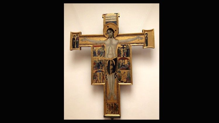 Maestro della Croce n. 432, Crocifissione, La Vergine e San Giovanni Evangelista dolenti, una pia donna, sette storie della Passione, 1180 – 1200ca., Uffizi