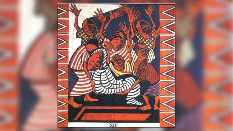 Cameroonian Jesuit priest and artist, Fr Engelbert Mveng’s Jesus being laid in the tomb. 