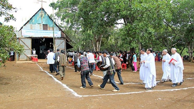 Vietnamese Catholics at a church service.  