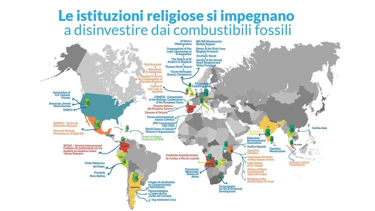 La mappa mondiale delle oltre 400 istituzioni religiose che aderiscono alla campagna di disinvestimento dai combustibili fossili
