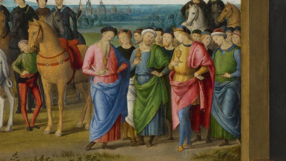Giovanni di Pietro conhecido como "lo Spagna". Natividade e chegada dos Magos, 1507-1508, óleo sobre madeira, moldura dourada; Pinacoteca Vaticana © Musei Vaticani