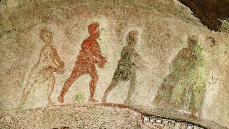 Adoration of the Magi painting in the Catacomb of Priscilla, Rome.