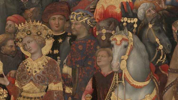 Un particolare dell'Adorazione dei Magi di Gentile da Fabriano conservato alle Gallerie degli Uffizi di Firenze