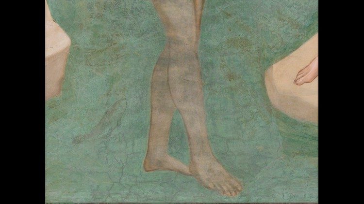 Il particolare del pesce nel Battesimo di Gesù dipinto da Giotto nella Cappella degli Scrovegni