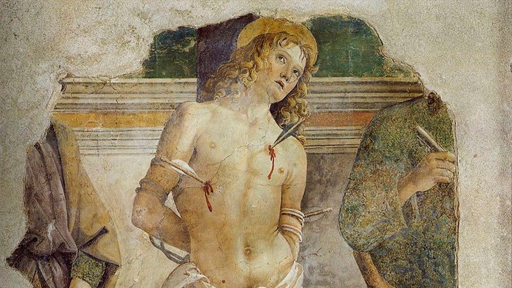 Perugino, San Sebastiano tra i santi Rocco e Pietro, 1478, affresco, chiesa di Santa Maria Assunta, Cerqueto (PG)