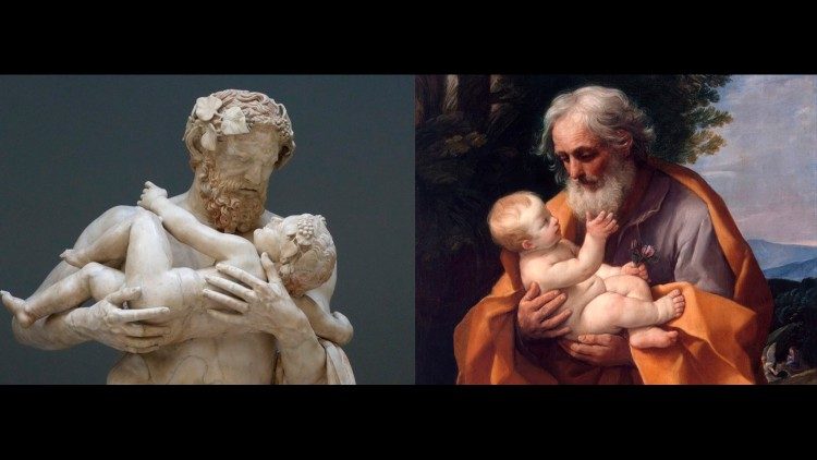 L'ispirazione dalla statuaria classica. Il San Giuseppe di Guido Reni a confronto con il Sileno con in braccio Dioniso bambino, copia romana del II secolo a.C. da un originale di Lisippo.