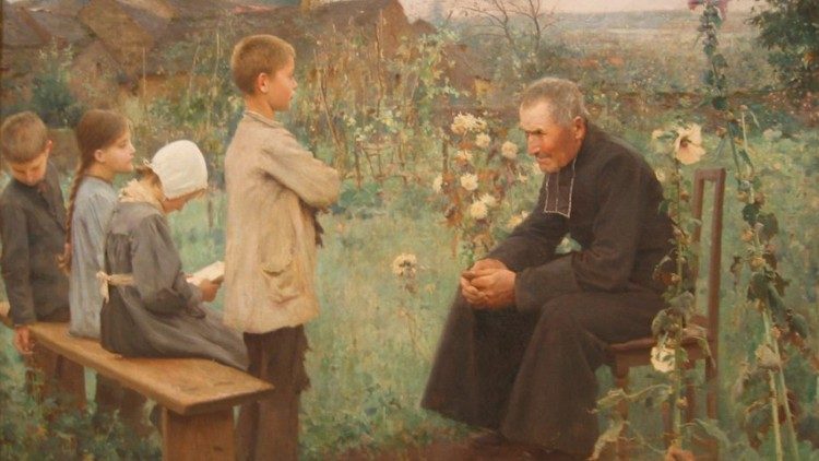 Un tempo affidata ai sacerdoti, oggi la responsabilità di catechista coinvolge sempre più i laici ("La lezione di catechismo" - Jules-Alexis Muenier, 1890)