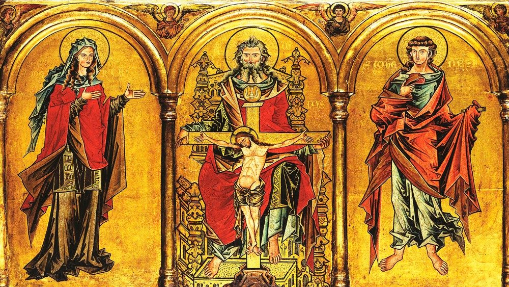 Maestro di Westfalia, Trono di gloria, 1250 ca., dipinto su tavola, Gemäldegalerie, Berlino.