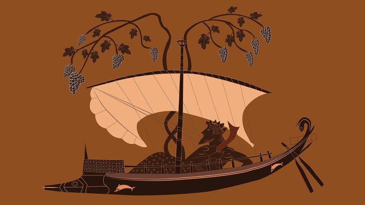 Particolare dell'interno della Kylix (coppa) di Dioniso, dipinta dal ceramografo attico Exekias, 530 a.C. (proveniente da Vulci e ora nel Staatliche Antikensammlungen di Monaco)