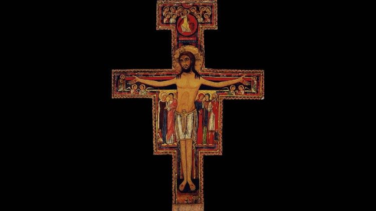 A San Damiano templom feszülete Assiseben, ami előtt Szent Ferenc imádkozott 