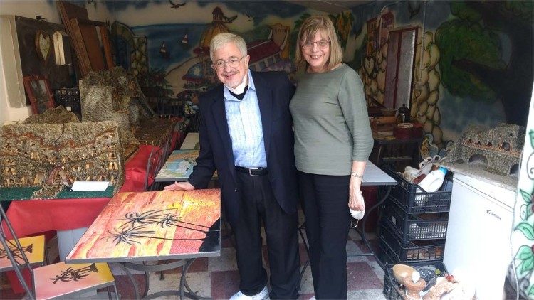 Dale and Susan Recinella surrounded by ceramics made by inmates at Paliano detention centre