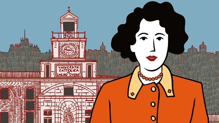 Il ritratto di Armida Barelli sulla copertina della graphic novel. Sullo sfondo, l'Università Cattolica