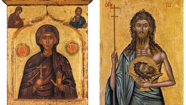 Agia Paraskevì, Laboratorio della Grecia Settentrionale, intorno al 1600 - San Giovanni Battista, Creta XVII sec. (Museo del folklore-Palazzo Tositsa, Metsovo)