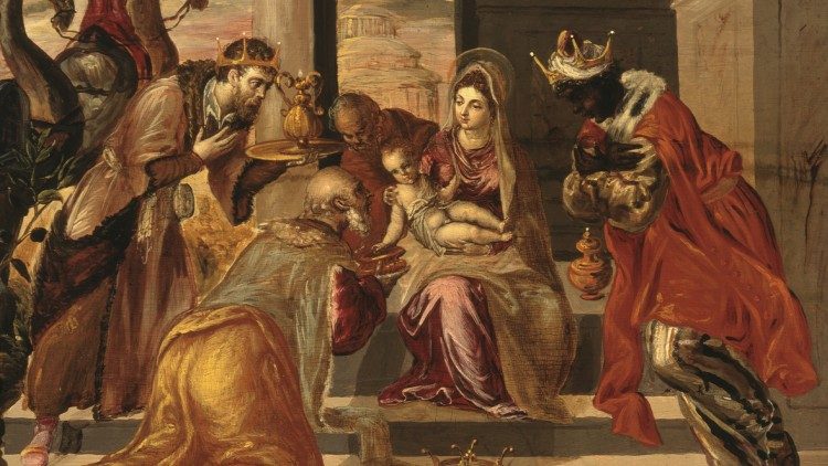 Los Reyes Magos en adoración ante Jesús