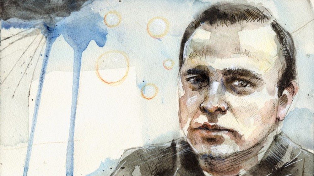 Un ritratto di don Peppe Diana, primo firmatario del documento "per amore del mio popolo", ucciso dalla camorra il 19 marzo 1994, prima di celebrare la Messa 