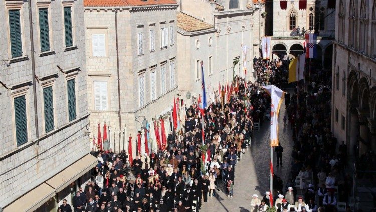 Pilgrims process along the streets of Dubrovnik