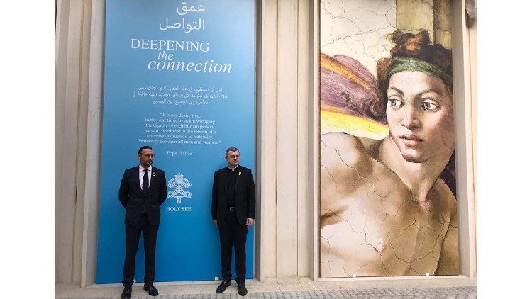 Msgr Tomasz Trafny with Giuseppe di Nicola, the architect who designed the Holy See pavillion