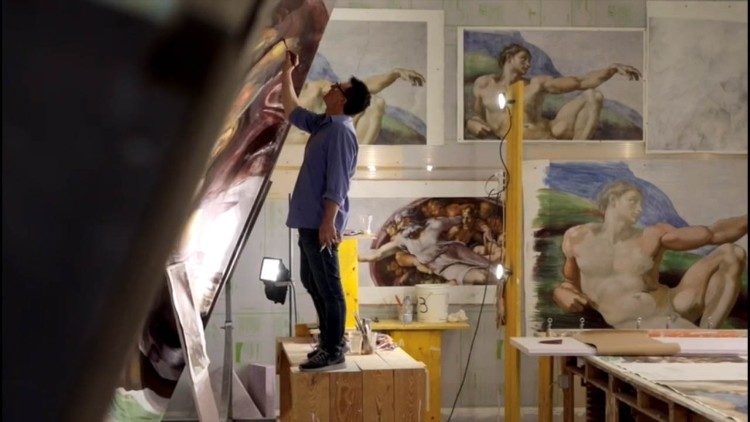 La preparazione della copia della "Creazione di Adamo" di Michelangelo