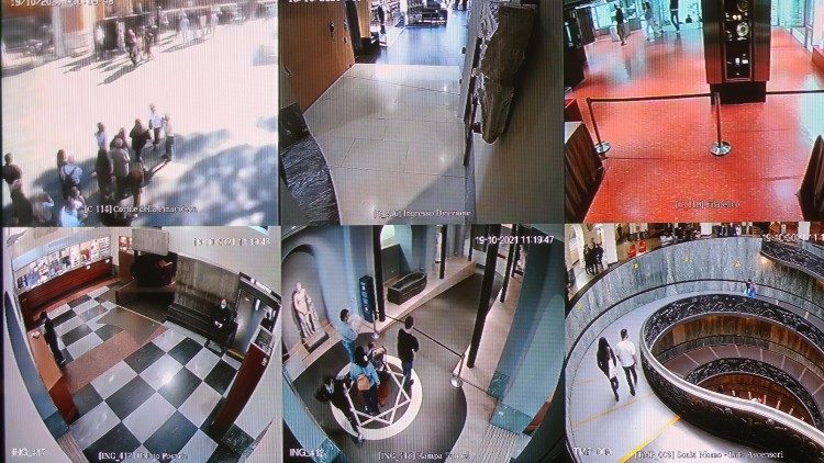 Security camera screens monitoring various places in the Vatican Museums