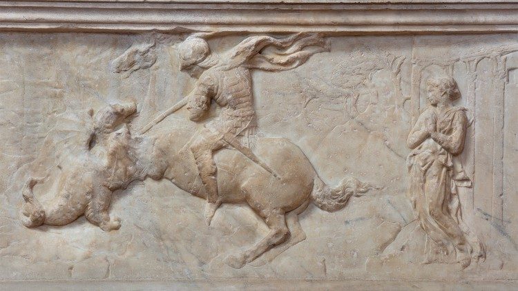 Donatello, predella: Combattimento di san Giorgio col drago e liberazione della principessa, 1415-1417 circa; Firenze, Museo Nazionale del Bargello. Su concessione del Ministero della Cultura. Foto Bruno Bruchi