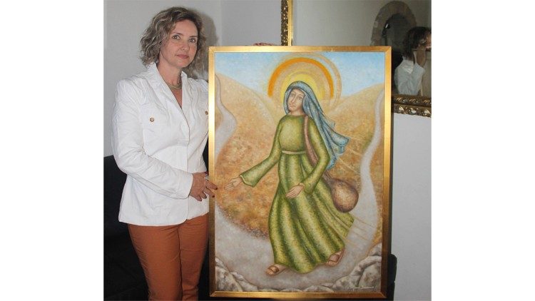 Mari Bueno com a sua obra "Maria às pressas"