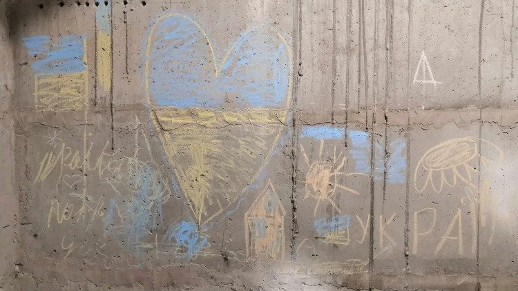Children's drawings on the wall of a bomb shelter in Chernihiv, Ukraine