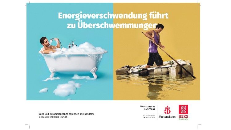 Die übervolle Badewanne mit Warmwasser auf der einen Seite symbolisiert unser Konsumverhalten im Norden, die Konsequenz davon ist auf der rechten Seite sichtbar