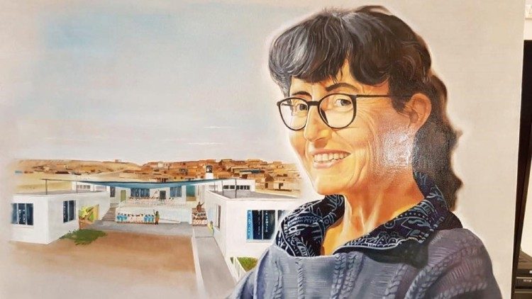 Il quadro che ritrae Nadia De Munari con uno degli asili che gestiva a Nuevo Chimbote