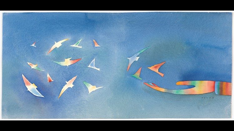 Originalna naslovnica Univerzalne deklaracije o ljudskim pravima; Jean-Michel Folon; akvarel, 1988.