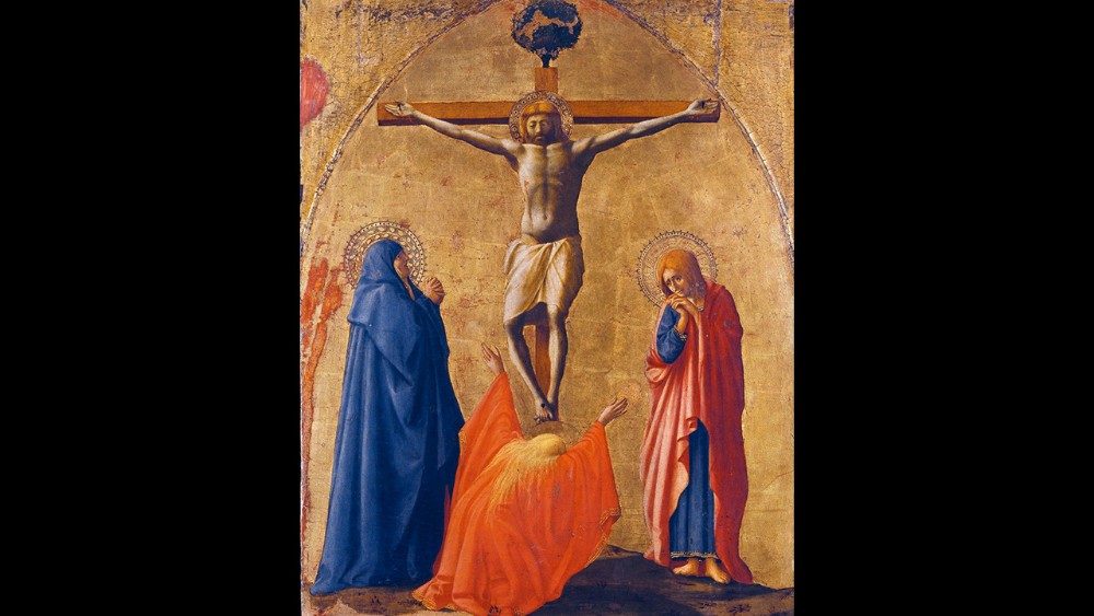 Masaccio - Crucifixión 1426. Témpera y oro sobre tabla. Nápoles, Museo y Real de Bosco de Capodimonte 