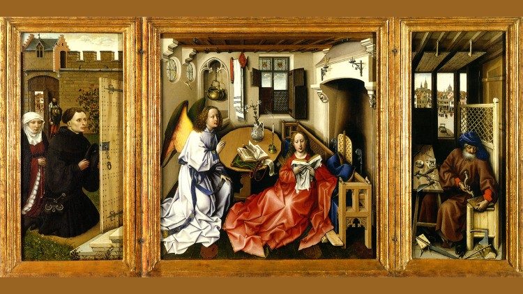 Bottega di Robert Campin, Trittico dell'Annunciazione (Pala d'altare Mérode) ca. 1427-32,  Metropolitan Museum of New York