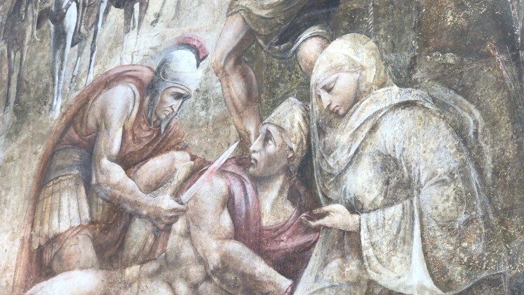 Particolare dell'affresco del martirio, con Santa Marta, un figlio e un carnefice
