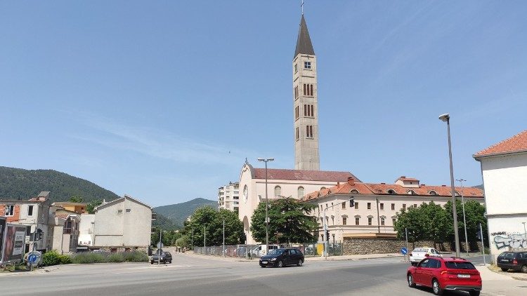 The Cathedral in Mostar on the west bank of the Neretva River