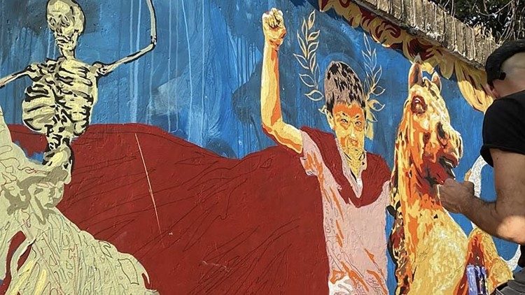 L'opera dello street artist David Vecchiato dedicata all'imperatore Costantino. Foto Ascs