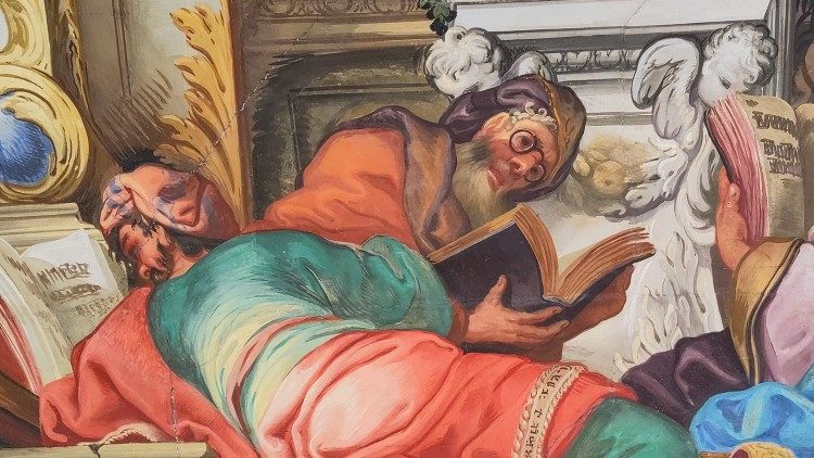 Detail aus dem Deckenfresko: Alle lesen Bücher, einer trägt Brille