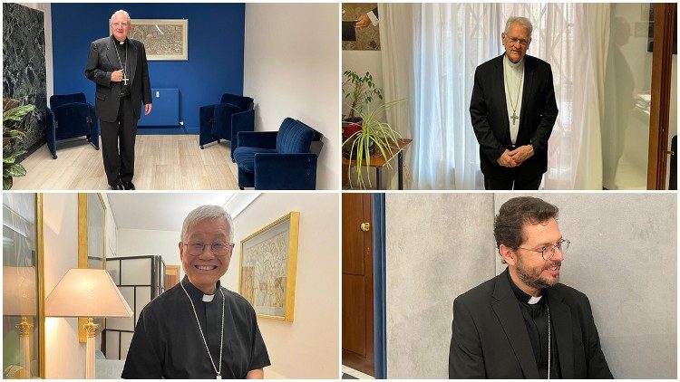 Alcuni dei nuovi cardinali: da sinistra in alto, il prefetto del Culto divino, Roche; l'arcivescovo di Manhaus, Steiner; il prefetto del Clero, You; monsignor Marengo, in missione in Mongolia