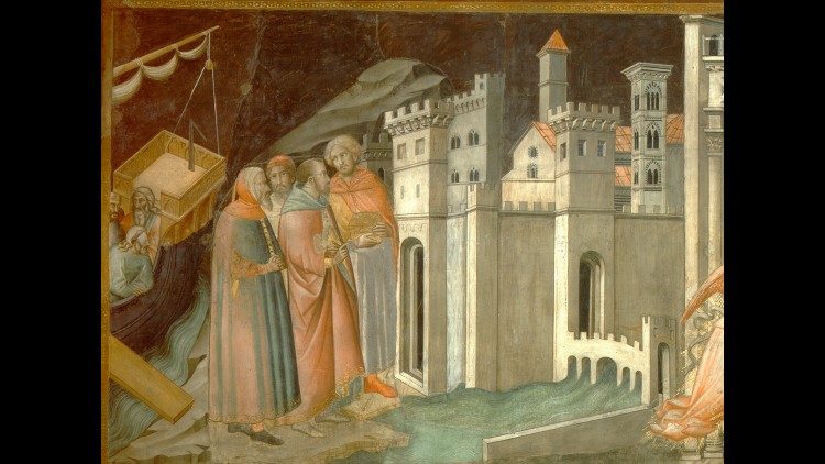 Agnolo Gaddi, Arrivo a Prato di Michele, intorno al 1142, con una notevole e fedele veduta della Prato medievale. Sono riconoscibili le mura, il ponte a cinque arcate sul fiume Bisenzio, il Palazzo del Popolo - attuale Palazzo Pretorio - e la pieve di Santo Stefano - attuale cattedrale - col campanile bicromo, affresco (1392-1395), Cappella del Sacro Cingolo nella cattedrale di Prato