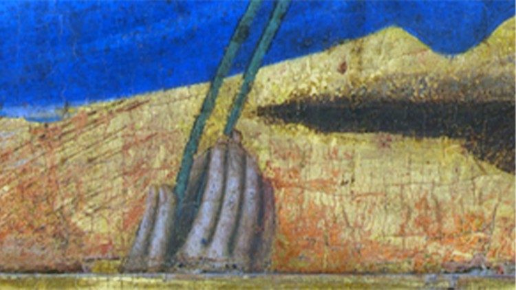 Particolare della Pala del Daddi con le mani di Tommaso mentre afferrano  la sacra cintola di Maria 