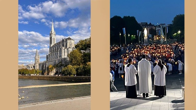 Vista da basílica e à noite, a procissão luminosa