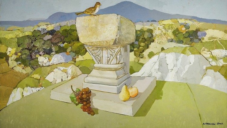 Aleardo Paolucci, Il Battesimo di Enea (Val d'Orcia), olio, cm 80x120. In questo dipinto è rappresentata la fonte battesimale nella quale è stato battezzato Enea Silvio Piccolomini che si trova nella Chiesa dei Santi Vito e Modesto di Pienza (Pieve di Corsignano)