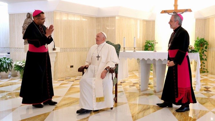 South African Catholic Bishops Conference President, Bishop Sithembele Sipuka (l) addresses Pope Francis.