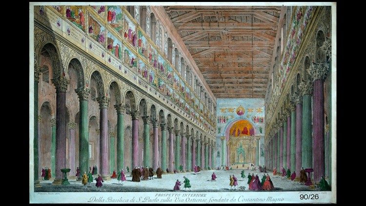 In una stampa l'interno della Basilica di San Paolo prima dell'incendio del 1823