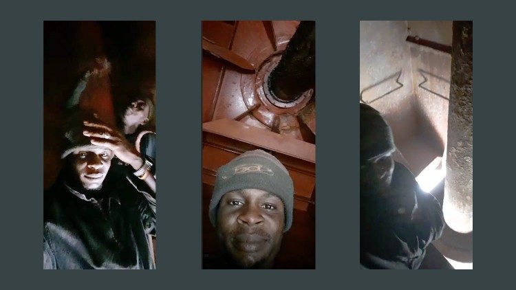 While he still had the battery in his phone, John Ekow captured footage of the conditions in which he and a friend survived by hiding next to the engine of a cargo ship.