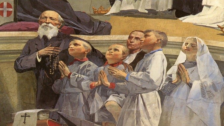 Bartolo Longo raffigurato tra i bambini accolti dalle Opere di carità del Santuario di Pompei