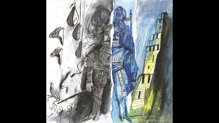 Emanuele Luzzati, Il visconte dimezzato, illustrazione per Il visconte dimezzato, 1975, pennarello, matita e collage su carta, mm 330 x 480, Genova, Archivio generale opere, Lele Luzzati Foundation - Casa Museo / © Lele Luzzati Foundation